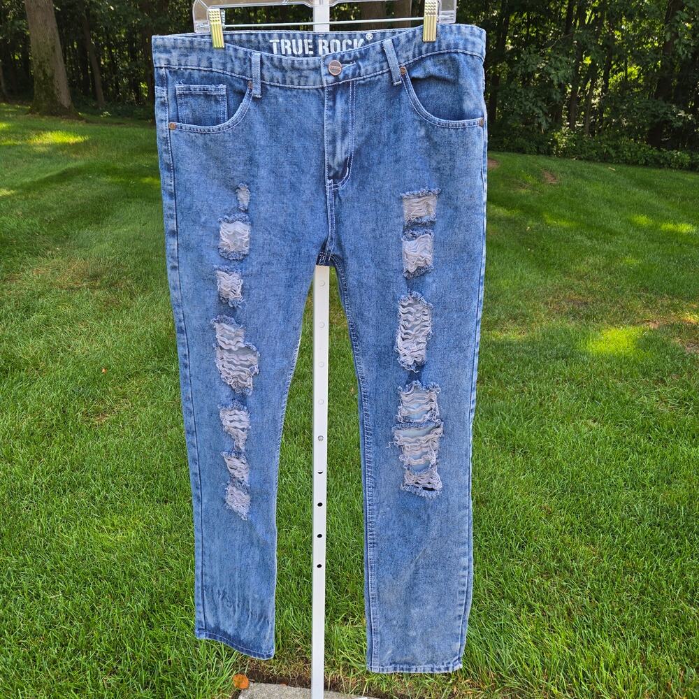 Men's Grunge True Rock Ripped Straight Leg Jeans Distressed Punk Denim size 36